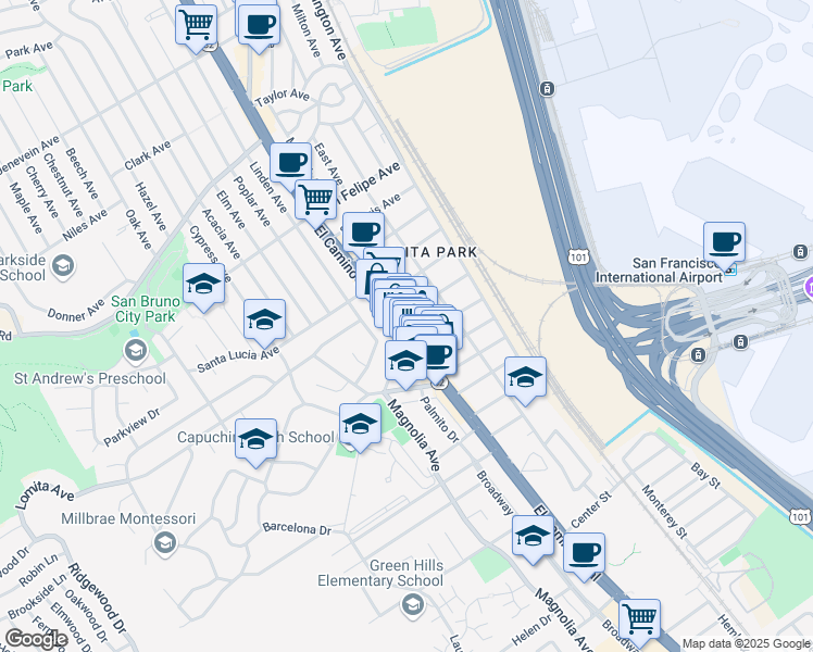 map of restaurants, bars, coffee shops, grocery stores, and more near 1710 El Camino Real in San Bruno