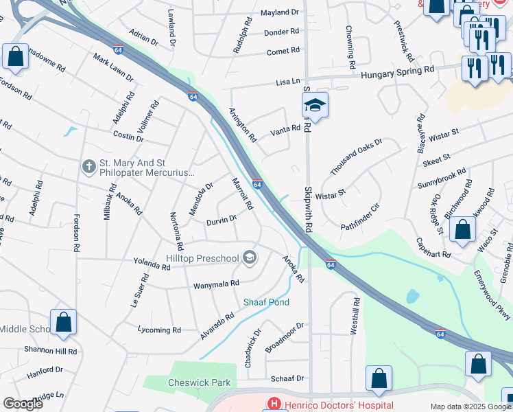 map of restaurants, bars, coffee shops, grocery stores, and more near 2023 Marroit Road in Richmond