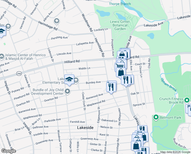 map of restaurants, bars, coffee shops, grocery stores, and more near 2310 Burnley Avenue in Richmond