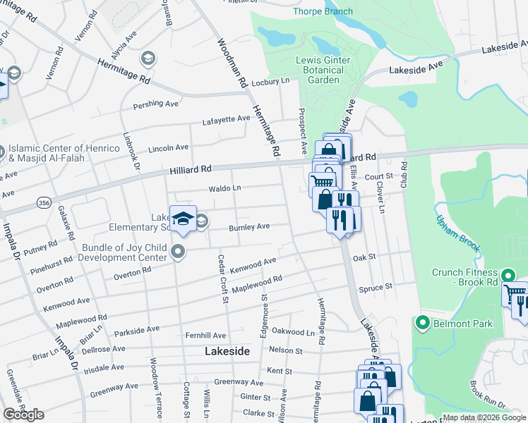 map of restaurants, bars, coffee shops, grocery stores, and more near 2310 Burnley Avenue in Richmond