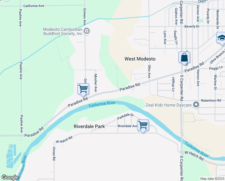 map of restaurants, bars, coffee shops, grocery stores, and more near 2209 Paradise Road in Modesto