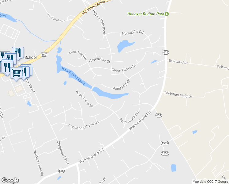 map of restaurants, bars, coffee shops, grocery stores, and more near 6077 Pond Place Way in Mechanicsville