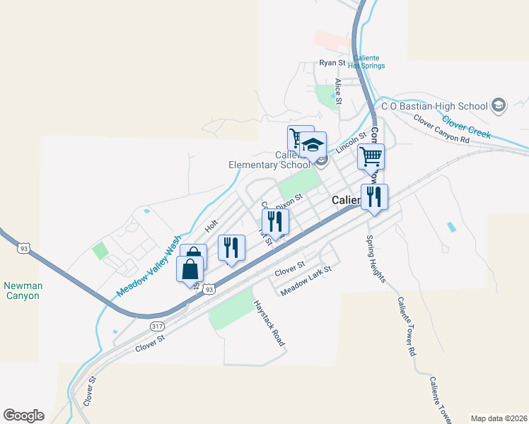 map of restaurants, bars, coffee shops, grocery stores, and more near 600-642 Dixon Street in Caliente
