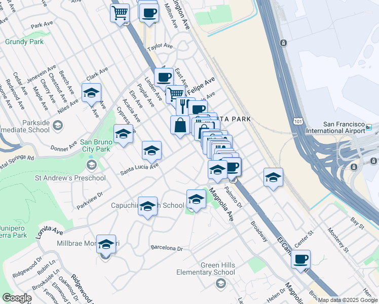 map of restaurants, bars, coffee shops, grocery stores, and more near 231 Lomita Avenue in San Bruno