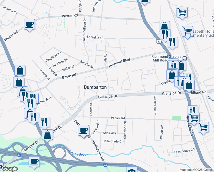 map of restaurants, bars, coffee shops, grocery stores, and more near 7001 Coachman Lane in Henrico