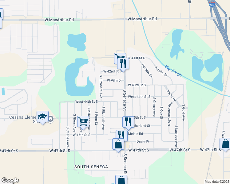 map of restaurants, bars, coffee shops, grocery stores, and more near 4419 S Seneca St in Wichita