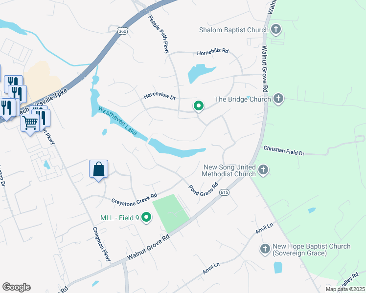 map of restaurants, bars, coffee shops, grocery stores, and more near 6077 Pond Place Way in Mechanicsville