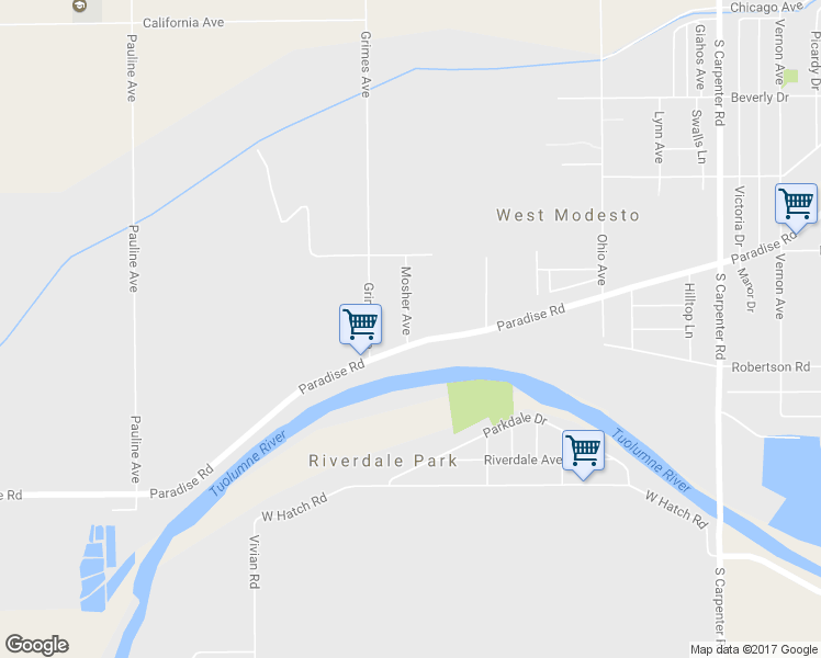 map of restaurants, bars, coffee shops, grocery stores, and more near 2413 Paradise Road in Modesto