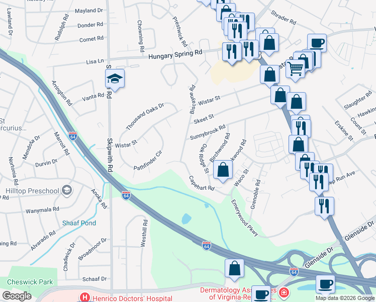map of restaurants, bars, coffee shops, grocery stores, and more near 7408 Oak Ridge Street in Richmond