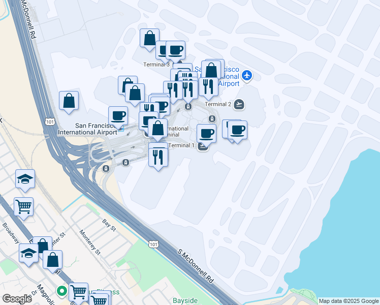 map of restaurants, bars, coffee shops, grocery stores, and more near 296 Domestic Terminals Arrivals Level in San Francisco