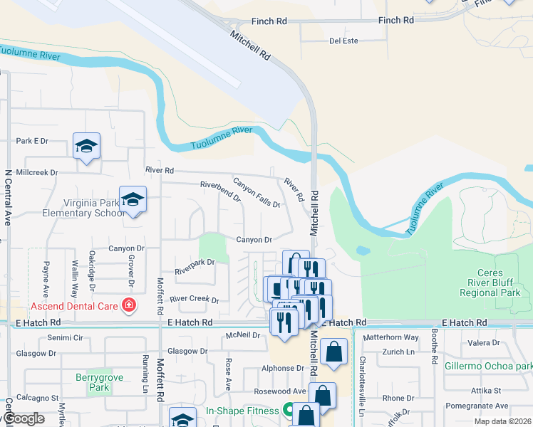 map of restaurants, bars, coffee shops, grocery stores, and more near 1210 Snow Ridge Court in Modesto