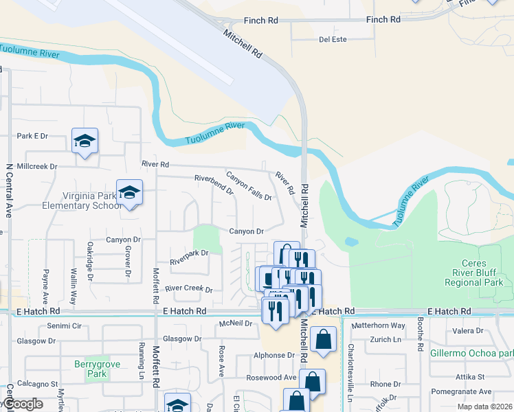 map of restaurants, bars, coffee shops, grocery stores, and more near 1219 Snow Ridge Court in Modesto
