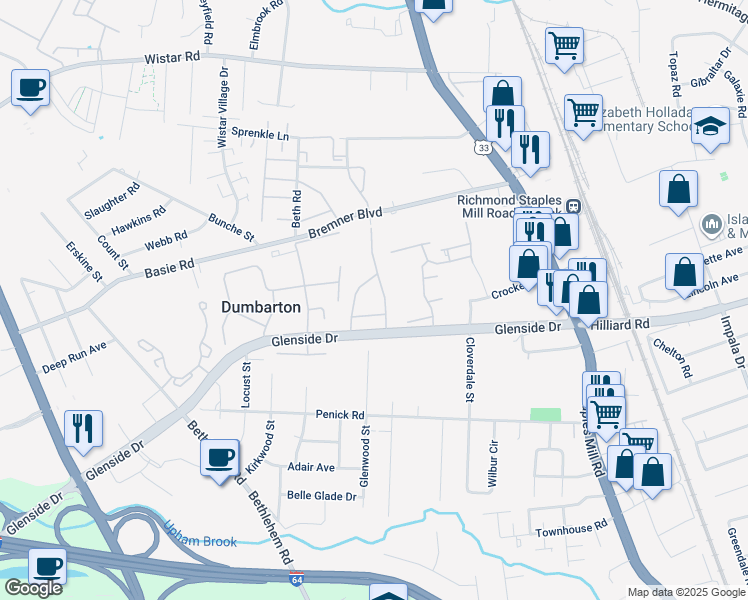 map of restaurants, bars, coffee shops, grocery stores, and more near 4705 Fox Rest Drive in Richmond