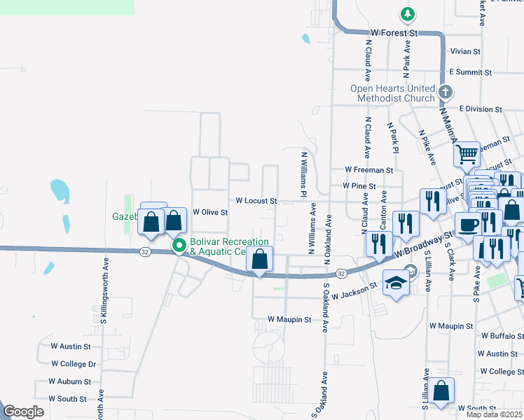 map of restaurants, bars, coffee shops, grocery stores, and more near 399 Barker Ave in Bolivar