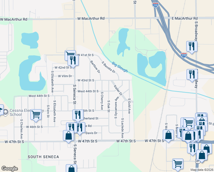 map of restaurants, bars, coffee shops, grocery stores, and more near 4438 South Oak Avenue in Wichita