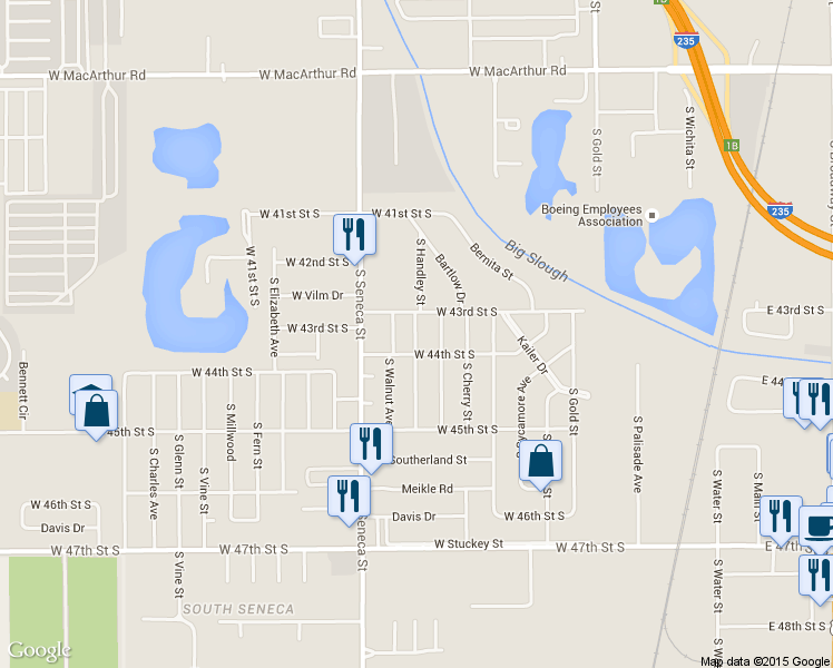 map of restaurants, bars, coffee shops, grocery stores, and more near 818 West 44th Street South in Wichita