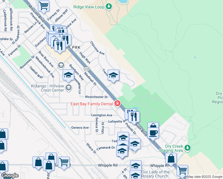 map of restaurants, bars, coffee shops, grocery stores, and more near 32037 Amelia Avenue in Hayward