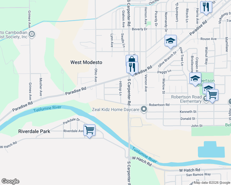 map of restaurants, bars, coffee shops, grocery stores, and more near 1205 Hilltop Lane in Modesto