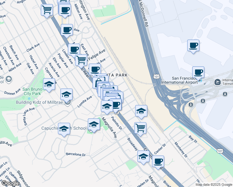 map of restaurants, bars, coffee shops, grocery stores, and more near 117 Santa Inez Avenue in San Bruno