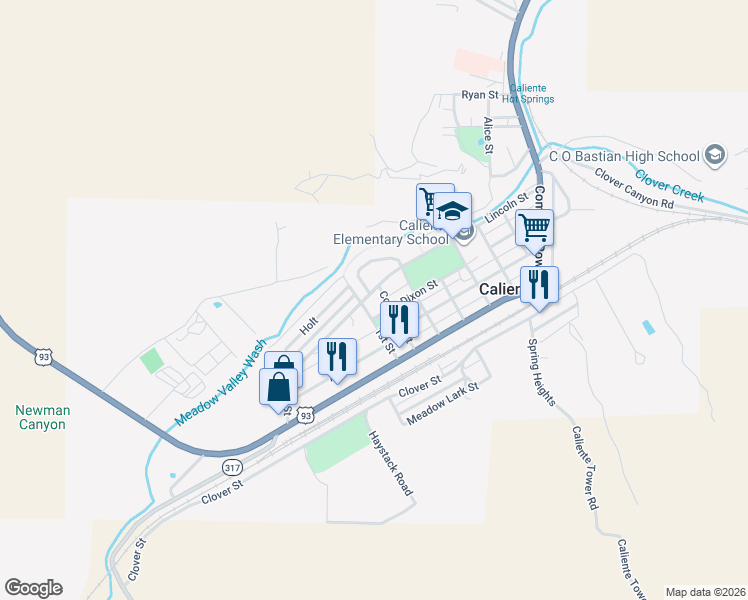 map of restaurants, bars, coffee shops, grocery stores, and more near 2 Lincoln Street in Caliente