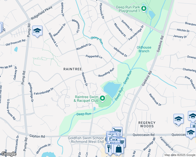 map of restaurants, bars, coffee shops, grocery stores, and more near 1743 Raintree Commons Drive in Richmond