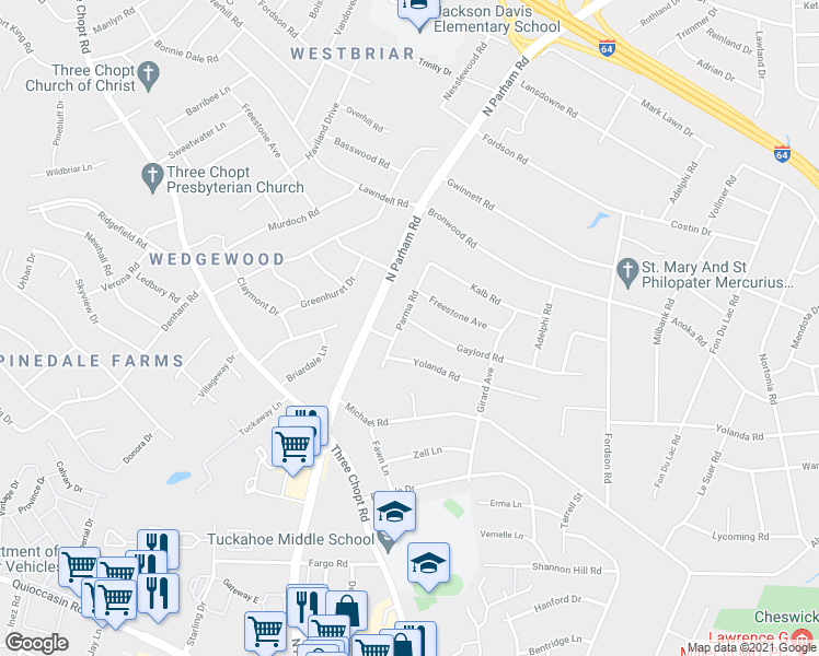 map of restaurants, bars, coffee shops, grocery stores, and more near 1911 Parma Road in Henrico