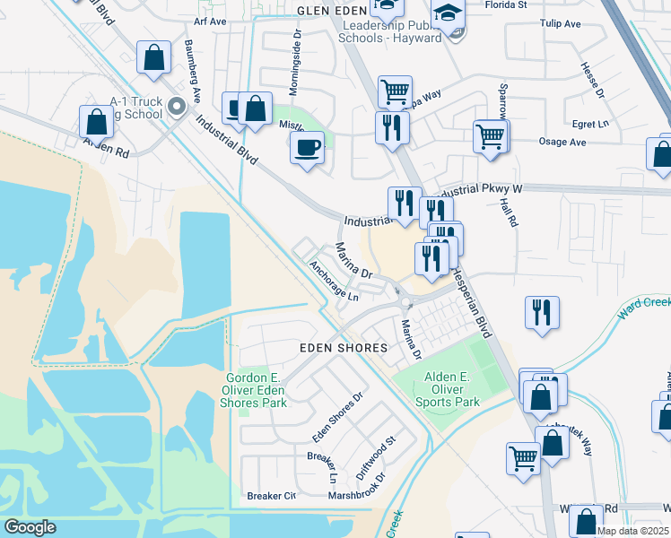 map of restaurants, bars, coffee shops, grocery stores, and more near 28584 Anchorage Lane in Hayward