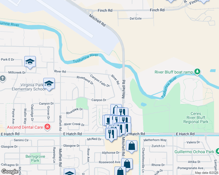 map of restaurants, bars, coffee shops, grocery stores, and more near 1017 Canyon Drive in Modesto