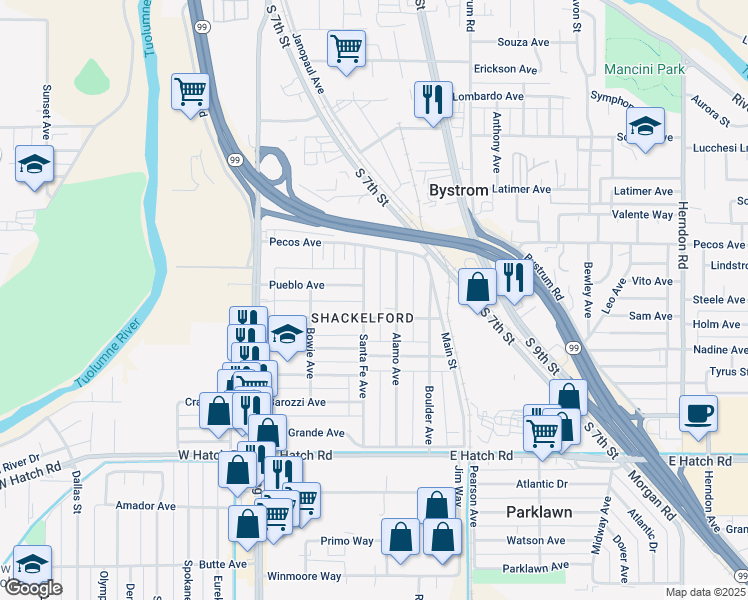 map of restaurants, bars, coffee shops, grocery stores, and more near in Modesto