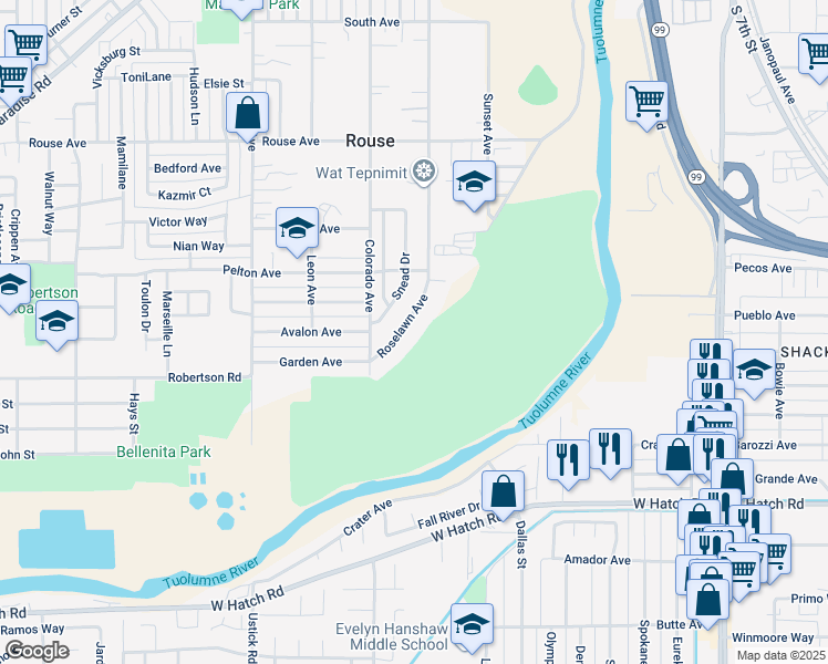map of restaurants, bars, coffee shops, grocery stores, and more near 1117 Roselawn Avenue in Modesto