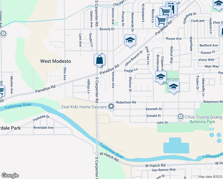 map of restaurants, bars, coffee shops, grocery stores, and more near 1923 Vernon Avenue in Modesto