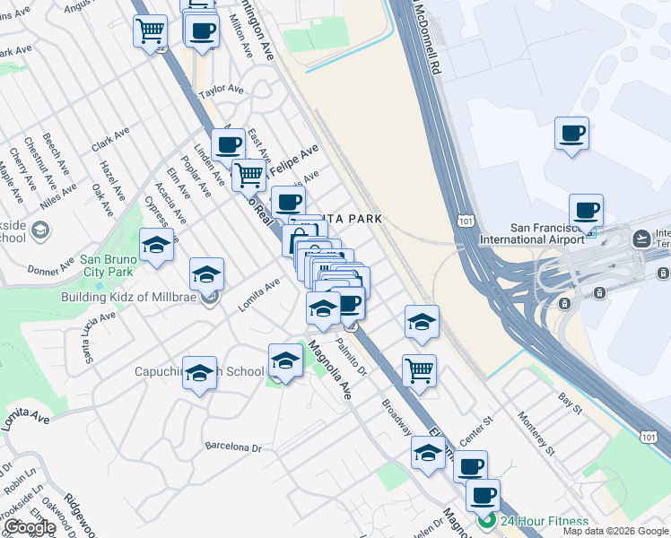 map of restaurants, bars, coffee shops, grocery stores, and more near 117 Santa Inez Avenue in San Bruno