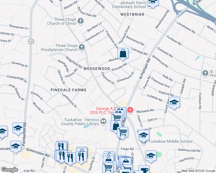 map of restaurants, bars, coffee shops, grocery stores, and more near 1800 Windsordale Drive in Richmond