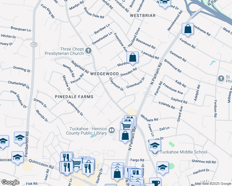 map of restaurants, bars, coffee shops, grocery stores, and more near 1800 Windsordale Drive in Richmond