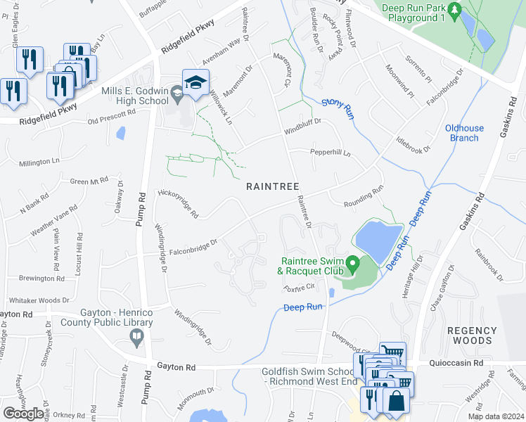 map of restaurants, bars, coffee shops, grocery stores, and more near 10403 Falconbridge Drive in Henrico