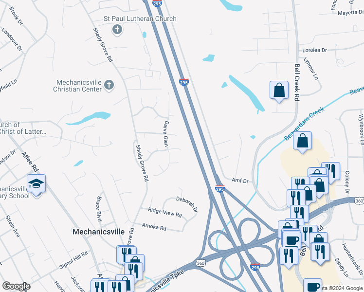 map of restaurants, bars, coffee shops, grocery stores, and more near 7432 Mountain Lily Lane in Mechanicsville