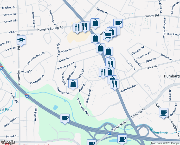 map of restaurants, bars, coffee shops, grocery stores, and more near 7415 Waco Street in Richmond