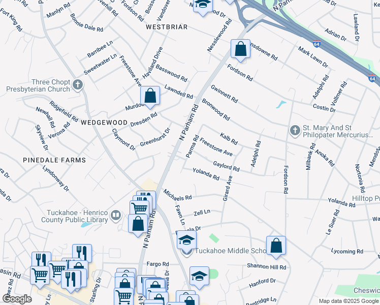 map of restaurants, bars, coffee shops, grocery stores, and more near 1911 Parma Road in Henrico