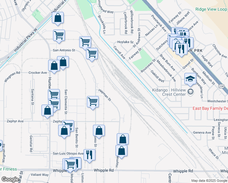 map of restaurants, bars, coffee shops, grocery stores, and more near Bart Access Road in Hayward