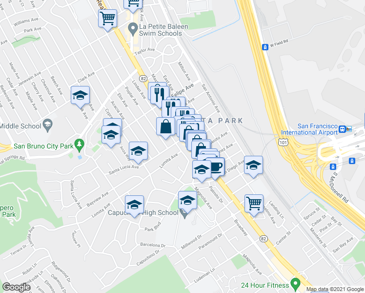 map of restaurants, bars, coffee shops, grocery stores, and more near 110 Linden Avenue in San Bruno
