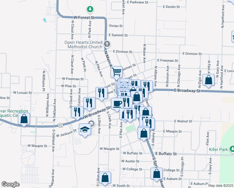 map of restaurants, bars, coffee shops, grocery stores, and more near 215 North Main Avenue in Bolivar