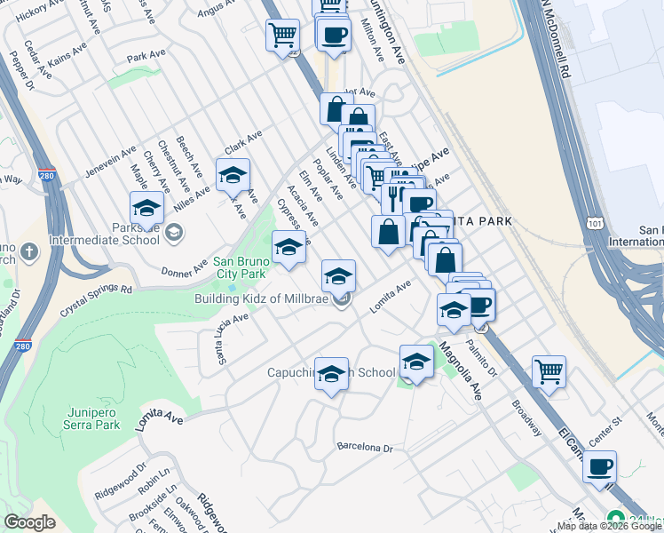 map of restaurants, bars, coffee shops, grocery stores, and more near 168 Acacia Avenue in San Bruno