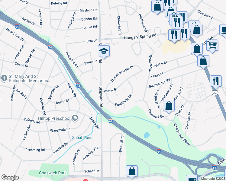 map of restaurants, bars, coffee shops, grocery stores, and more near 2304 Wistar Street in Henrico