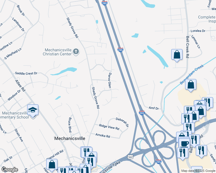map of restaurants, bars, coffee shops, grocery stores, and more near 7471 Darva Glen in Mechanicsville