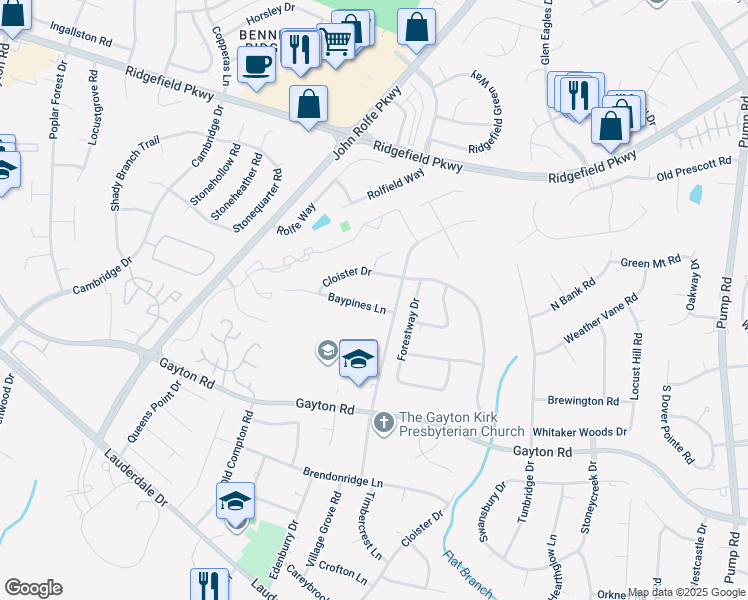 map of restaurants, bars, coffee shops, grocery stores, and more near 10604 Baypines Lane in Richmond