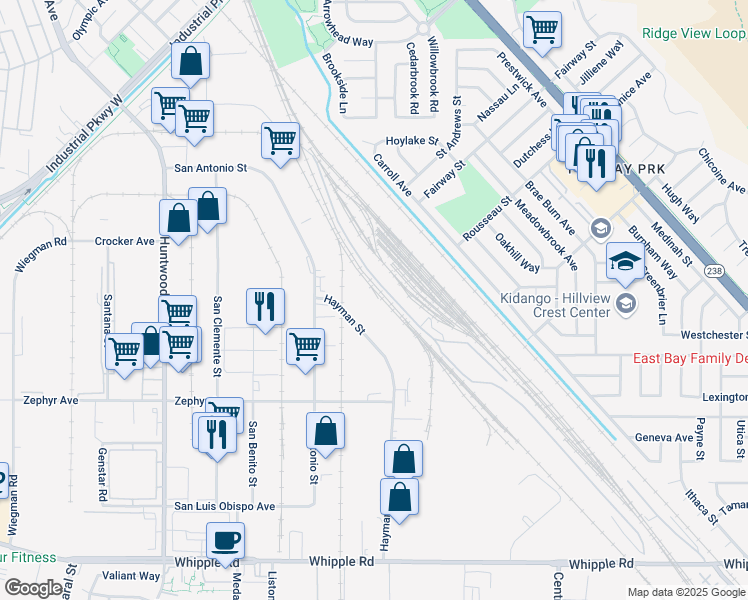 map of restaurants, bars, coffee shops, grocery stores, and more near 31500 Hayman Street in Hayward