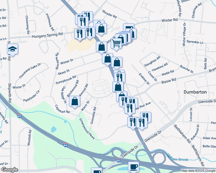 map of restaurants, bars, coffee shops, grocery stores, and more near 7411-7425 W Broad St in Henrico
