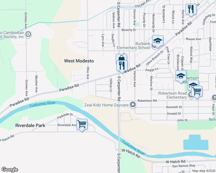 map of restaurants, bars, coffee shops, grocery stores, and more near 1111 Hilltop Lane in Modesto