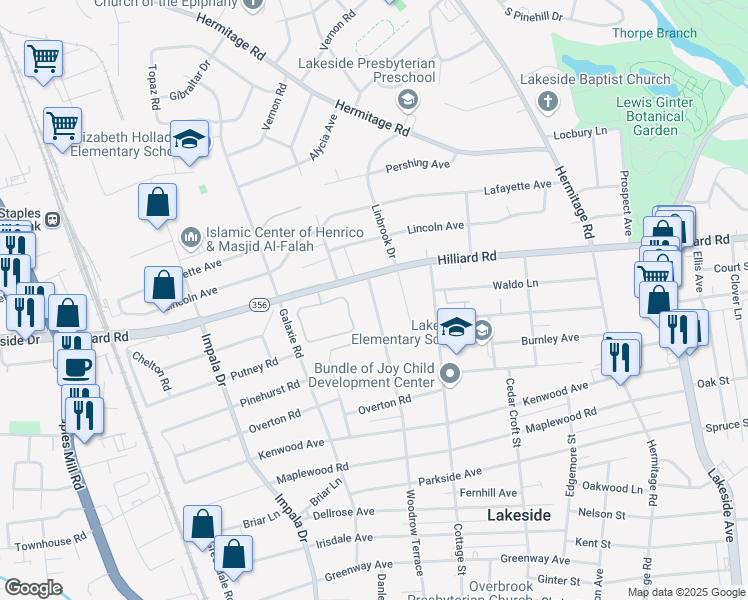 map of restaurants, bars, coffee shops, grocery stores, and more near 6931 Woodrow Terrace in Henrico