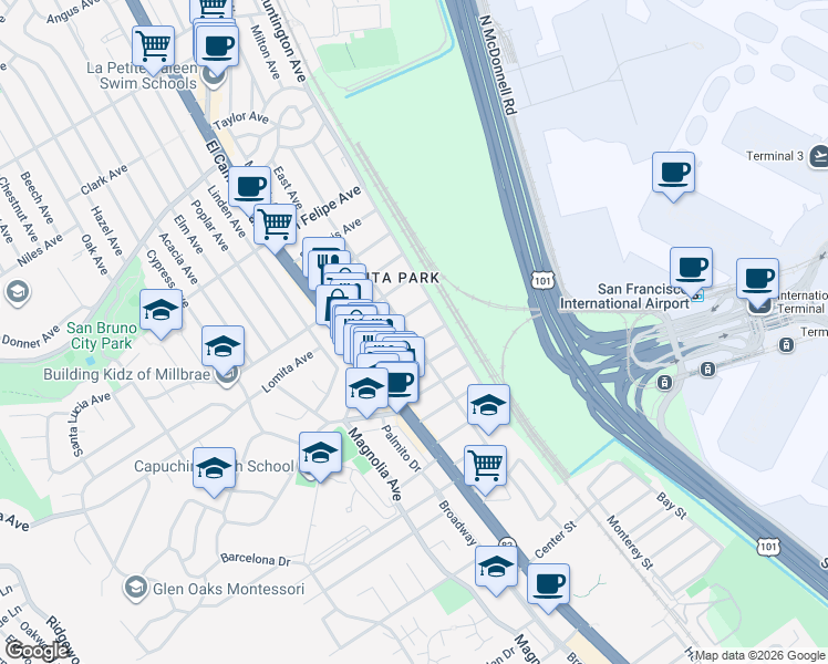 map of restaurants, bars, coffee shops, grocery stores, and more near 631 San Anselmo Avenue South in San Bruno